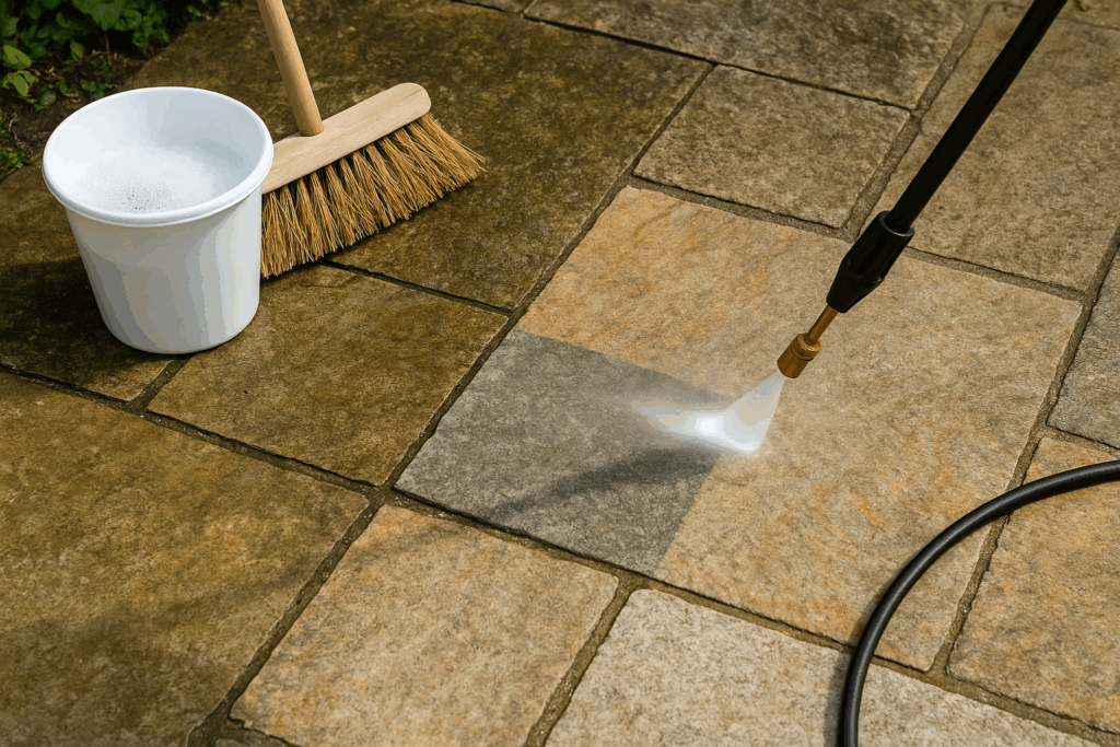 Natuursteen schoonmaken buiten