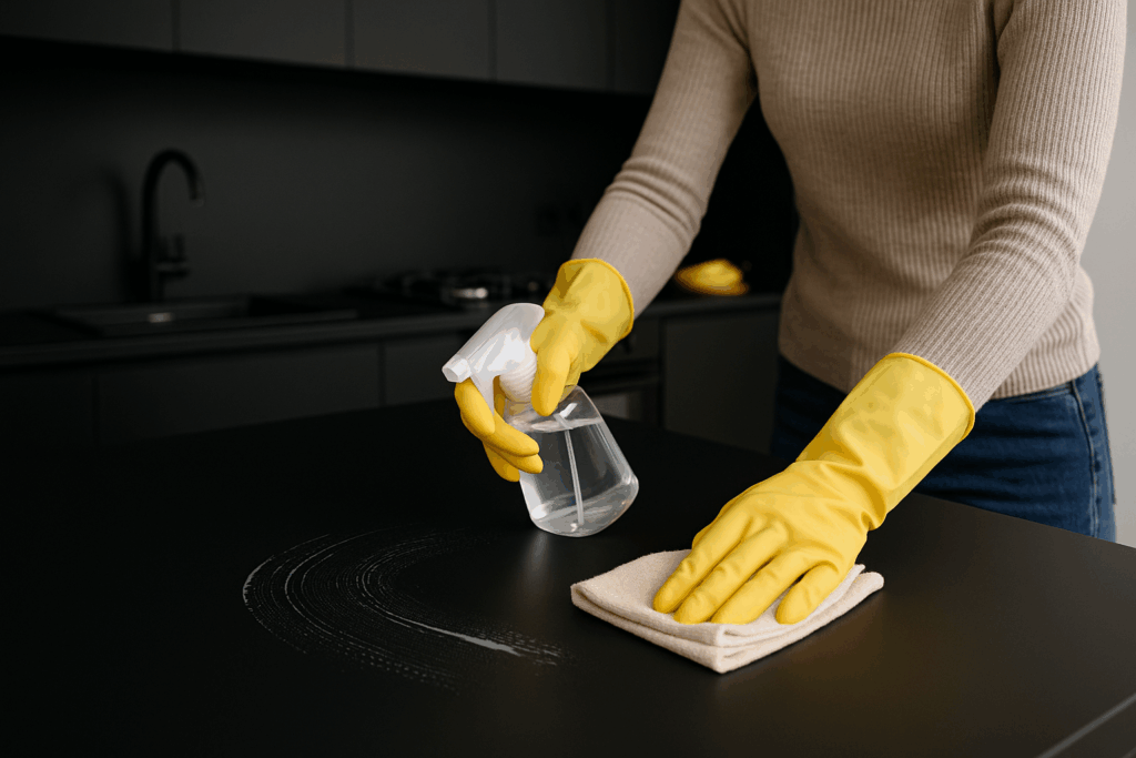 Mat zwarte keuken schoonmaken